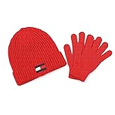 Tommy Hilfiger Boy's Fisherman Rib Cuff Hat and Gloves Set, Primary Red, 4-7