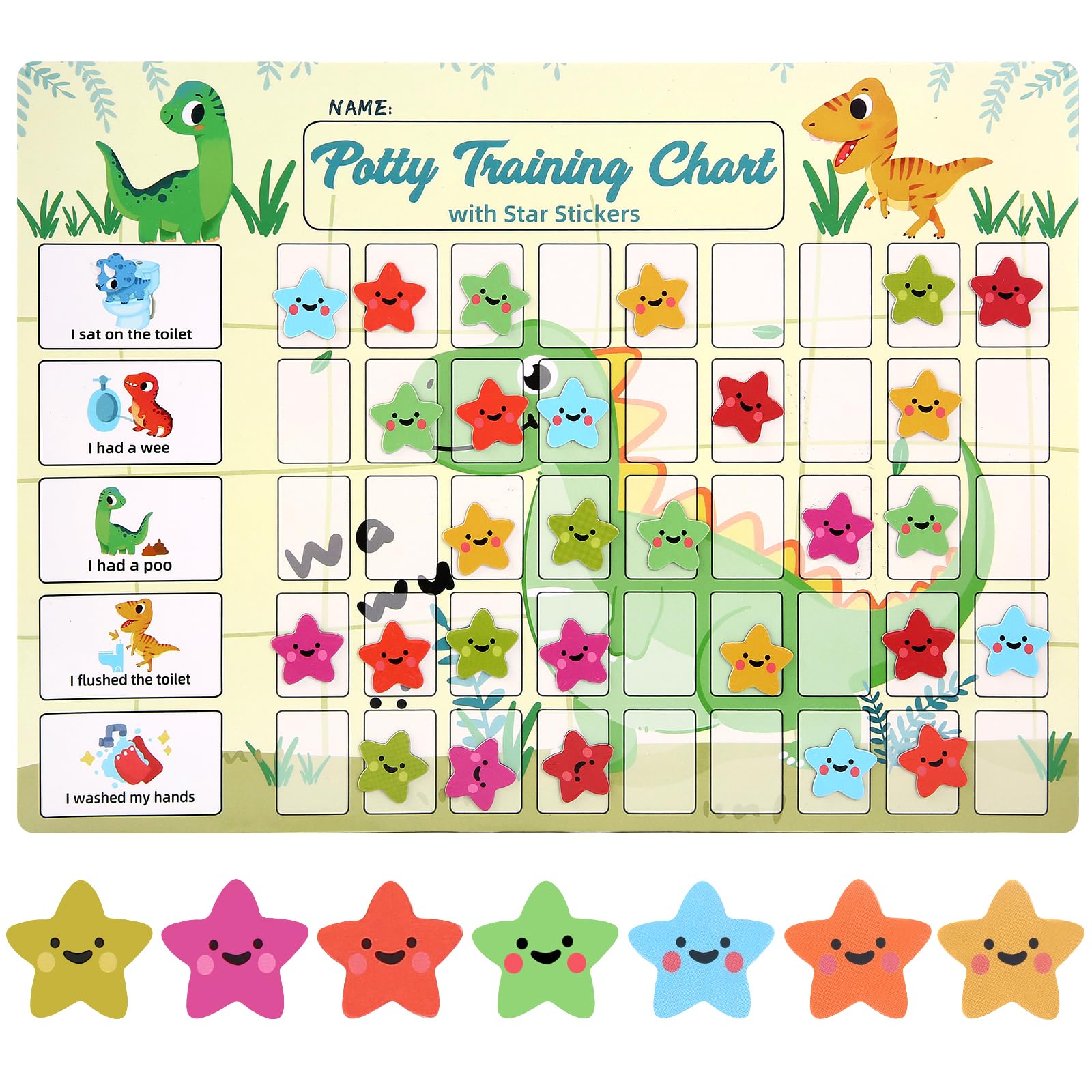 khlerox Potty Training Chart for Toddlers with 63 Reusable Magnetic Star Stickers, Interactive Reward Chart for Toilet Training (Dinosaur)