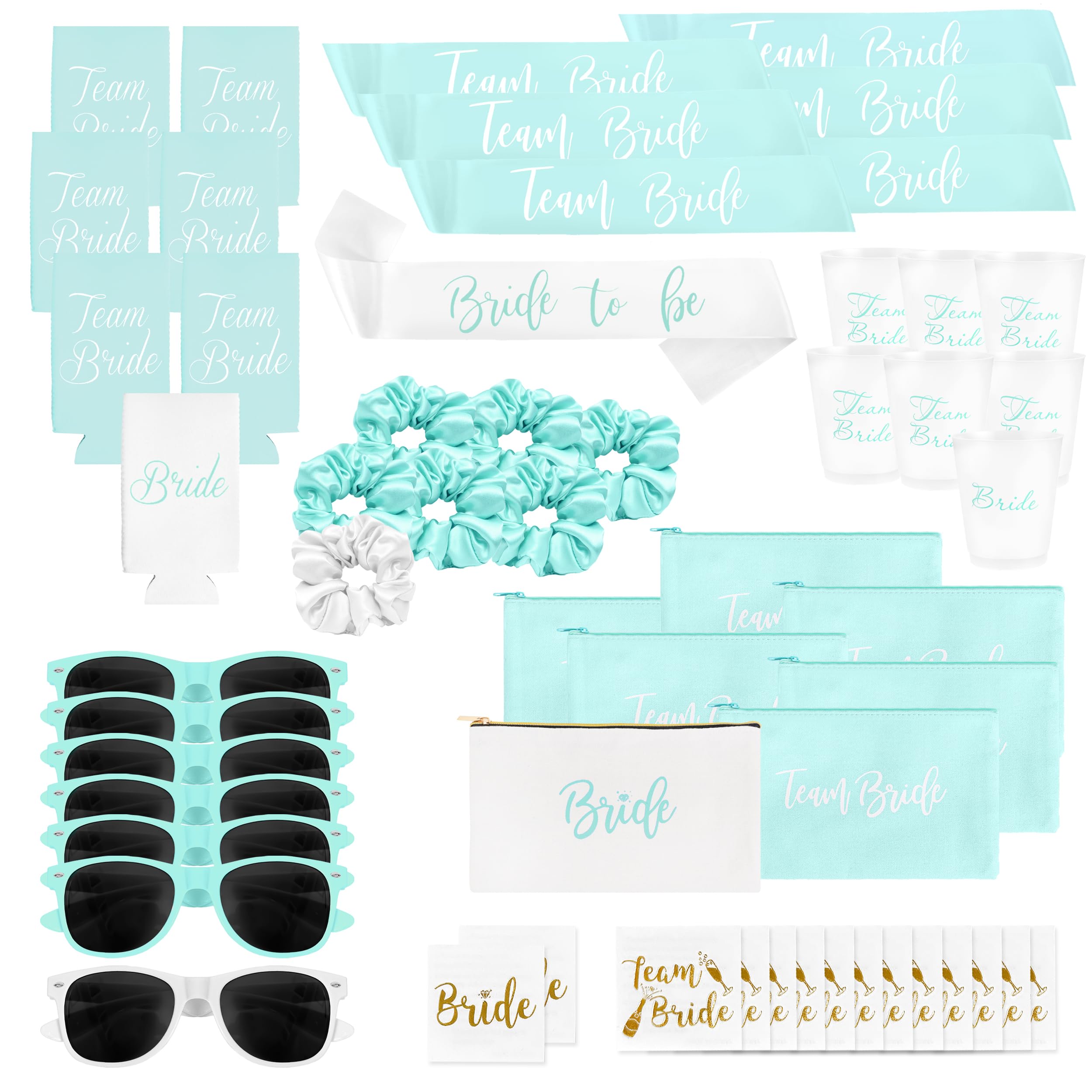Photo 1 of Chug Buddy 56 Piece Bachelorette Party Favors Kit – Bridesmaid Proposal Gifts & Bride-to-Be Accessories | Team Bride Decorations, Sashes, Sunglasses, Cups & More (Turquoise 7 Pack, 56)