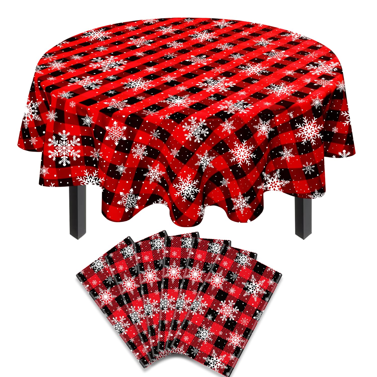 6 Pack Christmas Checkered Tablecloth Snowflake Tablecloth Buffalo Plaid Table Cover 51 X 86'' Disposable Round Red and Black Buffalo Plaid Table cloth for Xmas Party Decor Winter Holiday (6)
