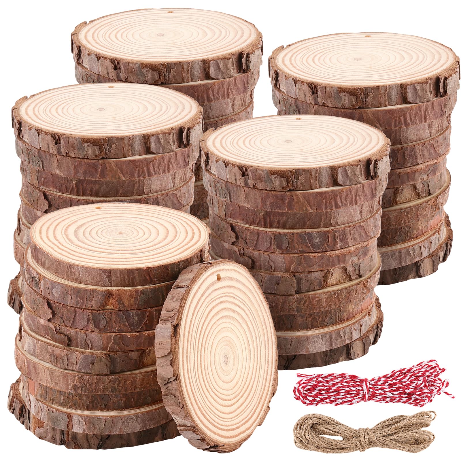 JIAYUET 50 PCS 10-11cm Natural Wood Slices with Drilled Hole, Unfinished Predrilled Log Wooden Discs, Round Wood Circles for DIY Craft Decorations