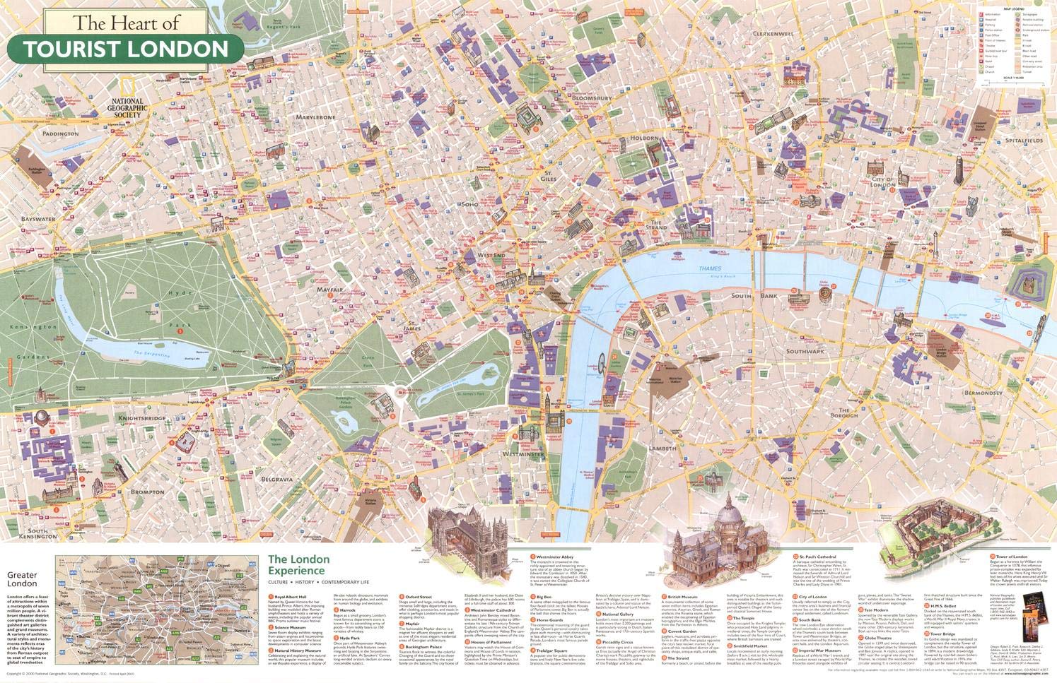 National Geographic: The Heart of Tourist London Wall Map in the year 2000-31.25 x 20.25 inches - Laminated