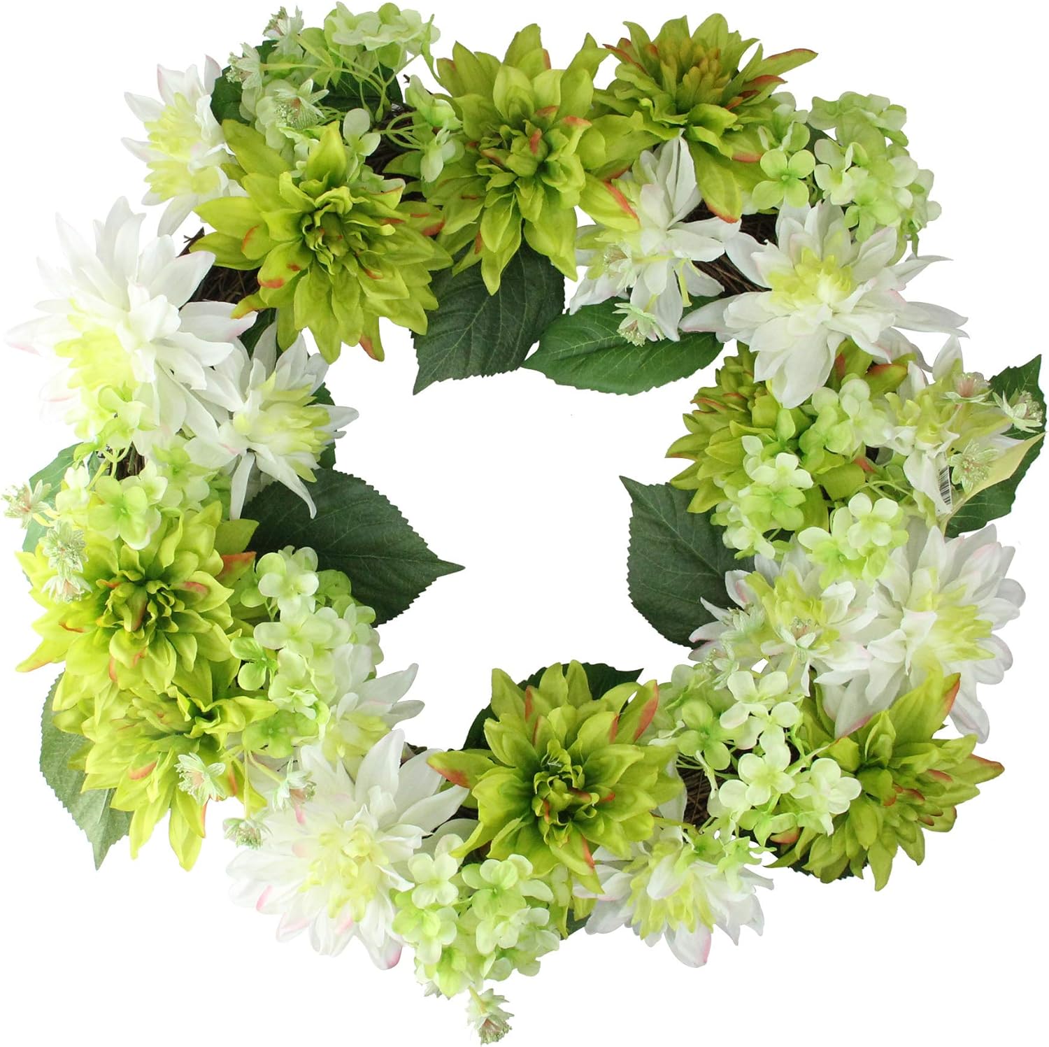Amazon Com By Selectartificials 22 Decorative Cream White And Green Artificial Floral Dahlia And Hydrangea Wreath Unlit Home Kitchen