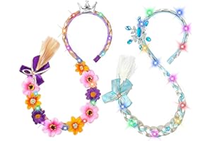 DUDUCOFU 2 Pcs Light Up Princess Braided Wigs, Princess Accessories Wig Headbands with Tiara Flowers Toys for Girls Kids Gift 3 4 5 6 7 8 9 10 11 12