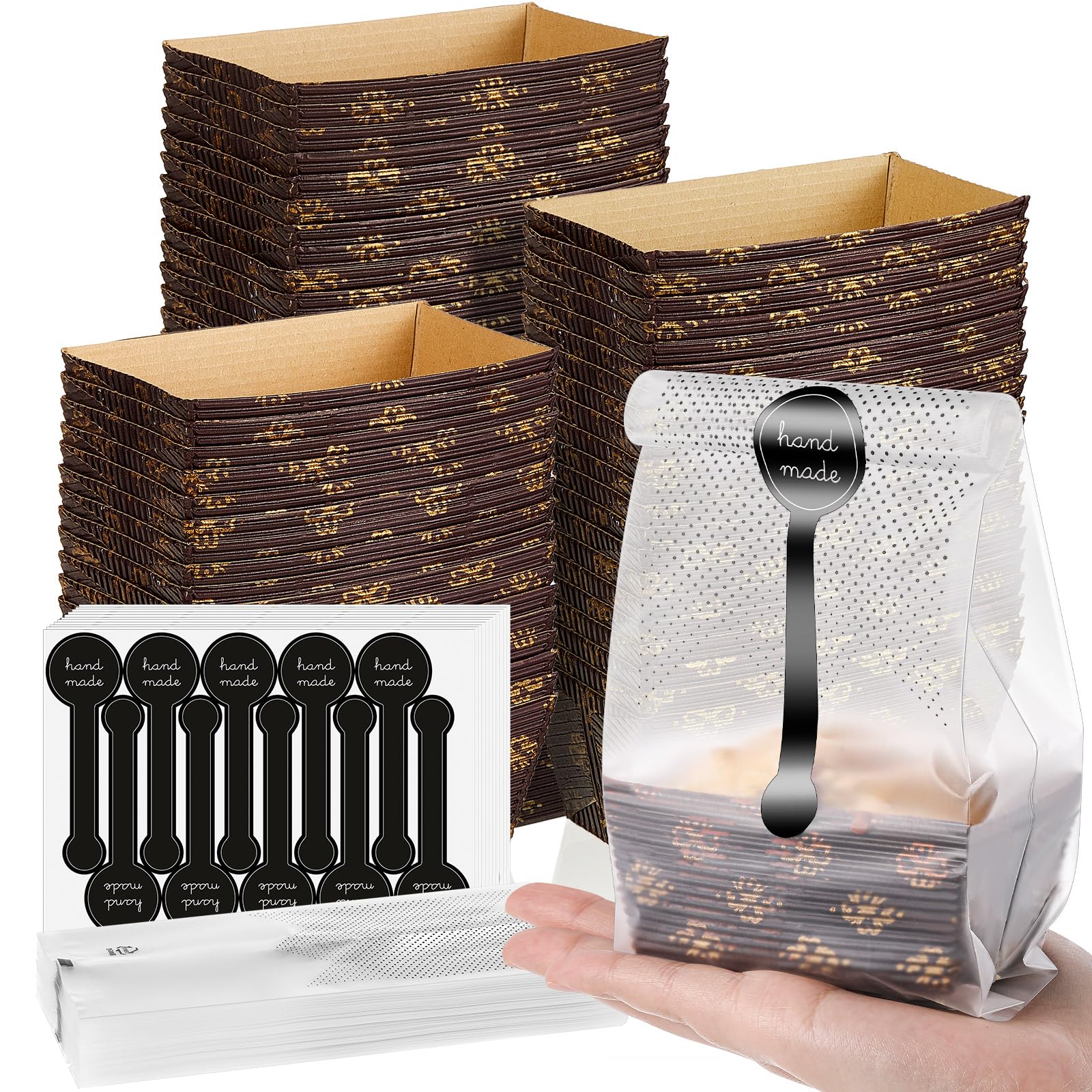 Photo 1 of 120 Pcs Mini Loaf Pans Disposable Set 3. 1x1. 5 Inch Paper Pans Rectangle Mold with Plastic Bags and Stickers Summer Baking Party Supplies for Bread, Meatloaf, Wedding Birthday Baby Shower Return Gift