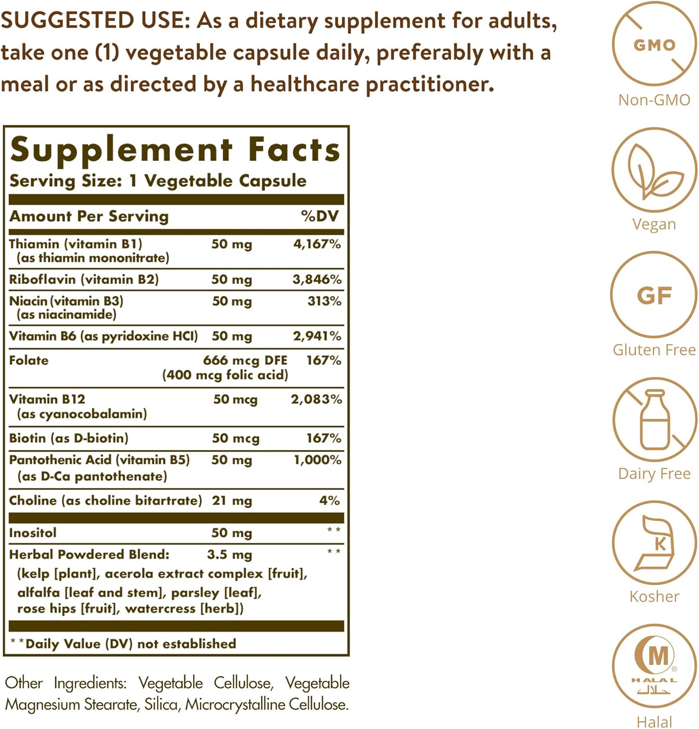 Solgar B-Complex “50”, 100 Vegetable Capsules - Energy Metabolism, Cardiovascular Support, Nervous System Support - Non-GMO, Vegan, Gluten Free, Dairy Free, Kosher, Halal - 100 Servings: Health & Personal Care