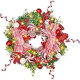 Christmas Wreath, 17-24 Inch Christmas Wreaths for Front Door with Lights Balls Red Bows Candy Canes Berries Pine Needles Greenery Wreath Xmas Decoration Ornaments Rustic Wall Porch Home Party Decor