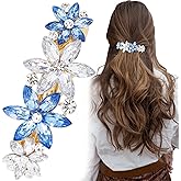 Joez Wonderful Rhinestone Hair Clip Sparkly Crystal Barrettes French Wedding Prom Engagement Pageant First Communion Hair Decorative Accessories for Women Bride Thick Long Hair (Blue Flower, 1 Pcs)