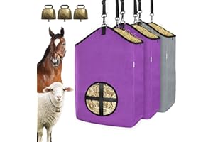 HAYSRMAN 3 PCS Goat Hay Feeder,Hay Bags for Horses,Goats,Donkeys with Reinforced Oxford Fabric and High Strength Metal Clasp,Horse Feeding Supplies with Adjustable Strap for Easy Hanging (2Purple+1Grey)