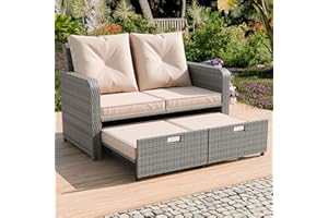 SENYUN Outdoor Rattan Daybed, Sunbed Wicker Patio Chair w/Adjustable Backrest & Waterproof Upholstered Cushion, PE Wicker Convertible Loveseat Sofa Furniture for Poolside Garden, Grey