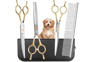 FUNNYFOX 6 in 1 Dog Grooming Scissors Set - Durable Stainless Steel Golden Dog Grooming Shears Curved, Thinning & Straight - Poodle Grooming Kit Dog Groomer Gifts with Safe Tips for Home DIY/Professional Use