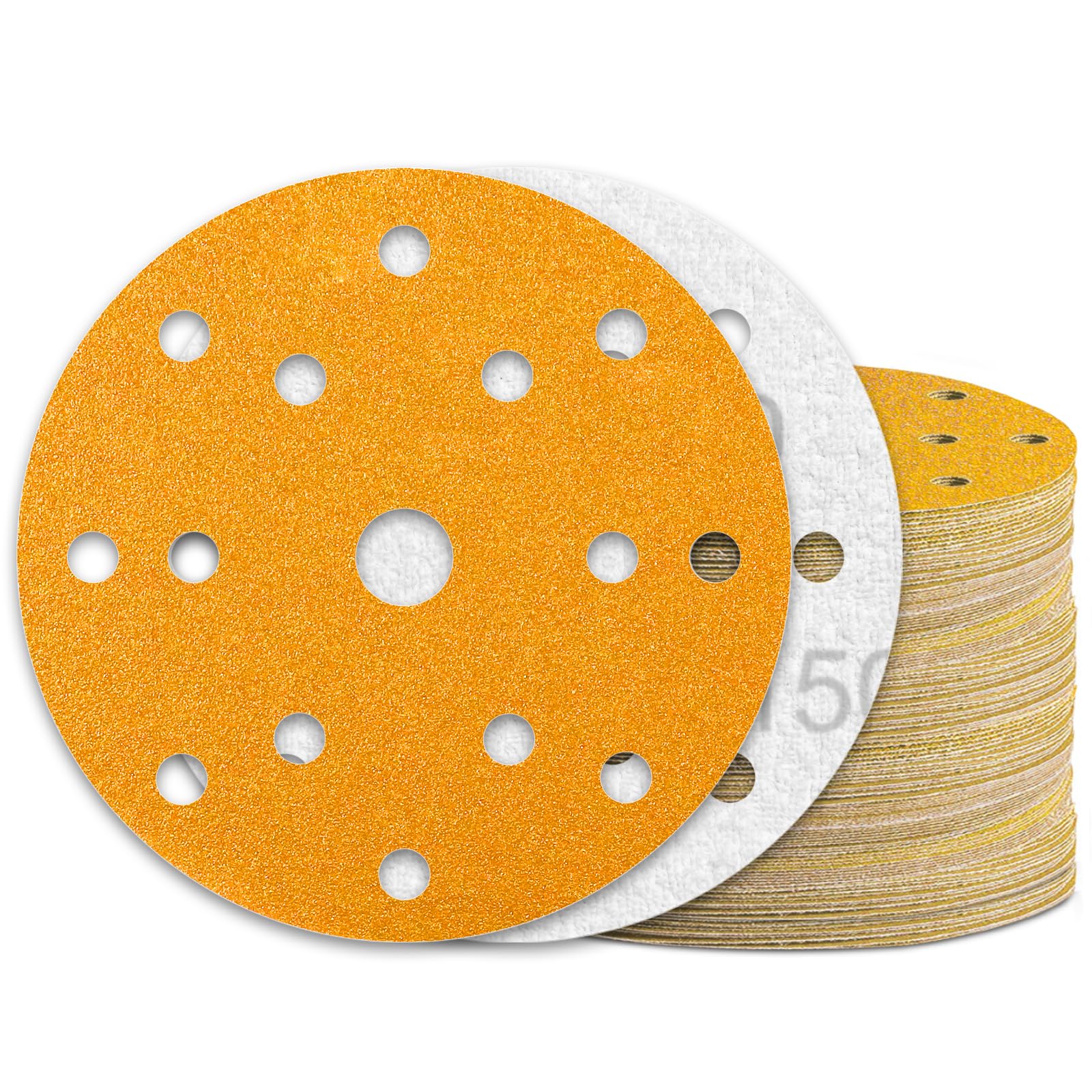 KONGMING 60 Pcs 150mm Sanding Discs Grit 150 Hook and Loop 15 Hole for Random Orbital Sander