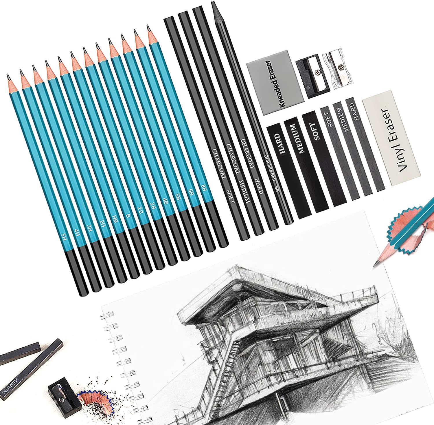 Adkwse Sketch Pencils Set, Art Supplies, Drawing Set, Graphite and Charcoal Pencils, 100 Page Drawing Pad and Kneaded Eraser, Art Kit and Supplies for Kids, Teens and Adults, Sketch Set : Office Products