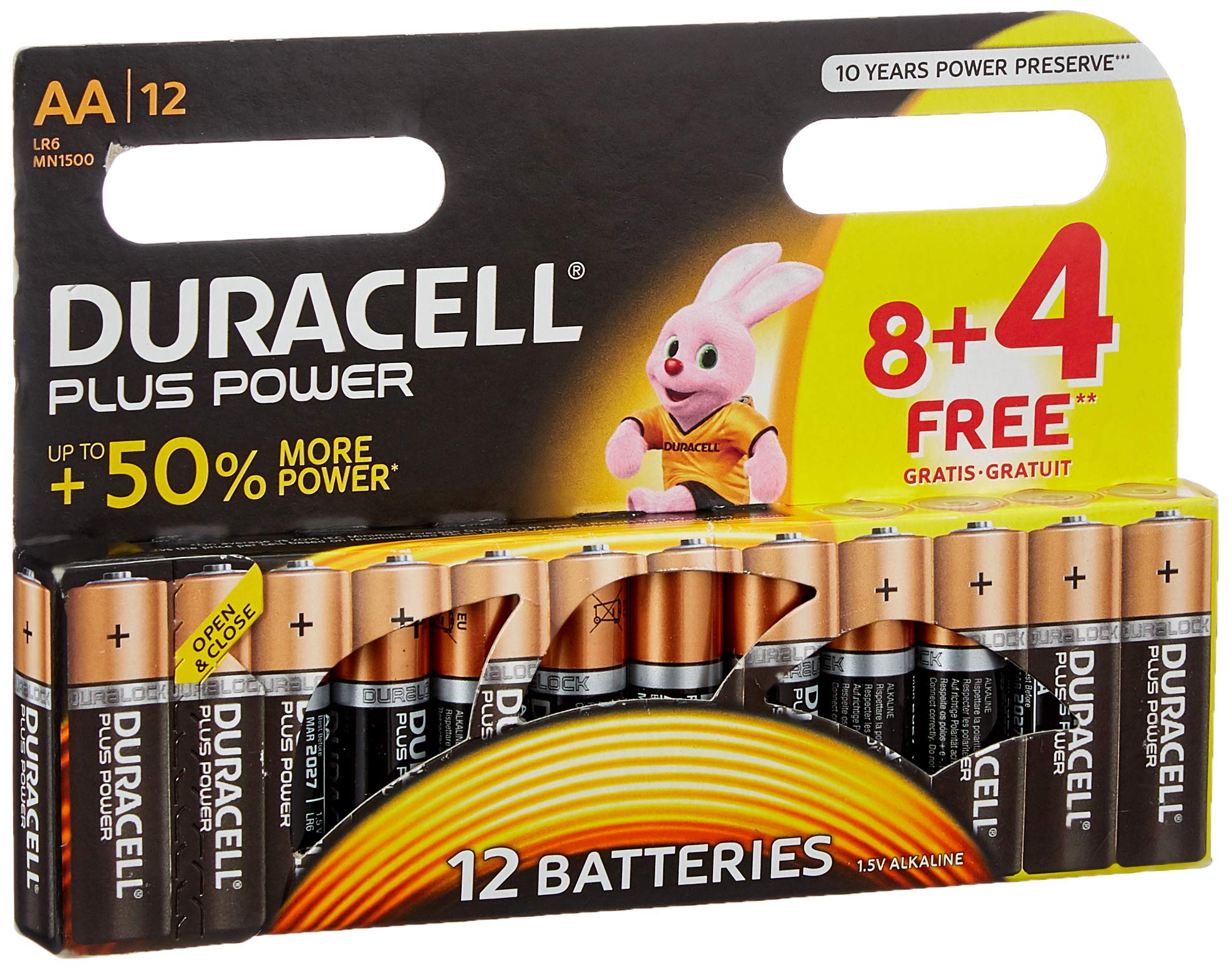 Duracell Plus Power DUR018167 AA Batteries Pack of 8 + 4