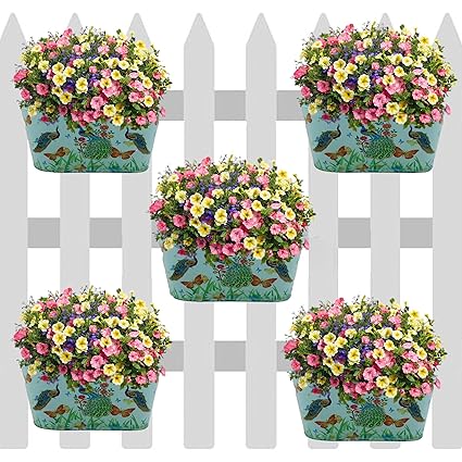 Copper Aart Printed Hanging Metal Pot Holders / Planters for Balcony / Garden | Corrosion Resistant with Detachable Double Hooks | Set of 5 (Peacock Print)