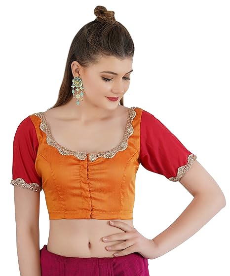 Aar Fashion Women's Cotton Silk Non-Padded Saree Blouse in Orange