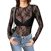 Zeagoo Womens Mesh Long Sleeve Tops Mock Neck Going Out See Through Shirts Sexy Sheer Blouses Clubwear S-XXL