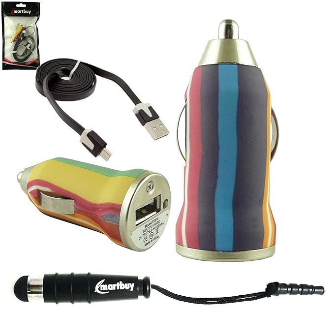 Emartbuy Trio Pack für Siswoo R8 Monster / i7 Cooper - Bunte Streifen 1 Ampere USB Autoladegerät + Schwarz Mini Metallic Eing
