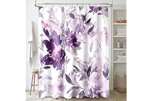 MAYZUS Purple Floral Shower Curtain, Watercolor Lavender Flower Shower Curtain for Bathroom, Modern Abstract Ink Decorative Fabric Shower Curtain Set with Hooks 72x72