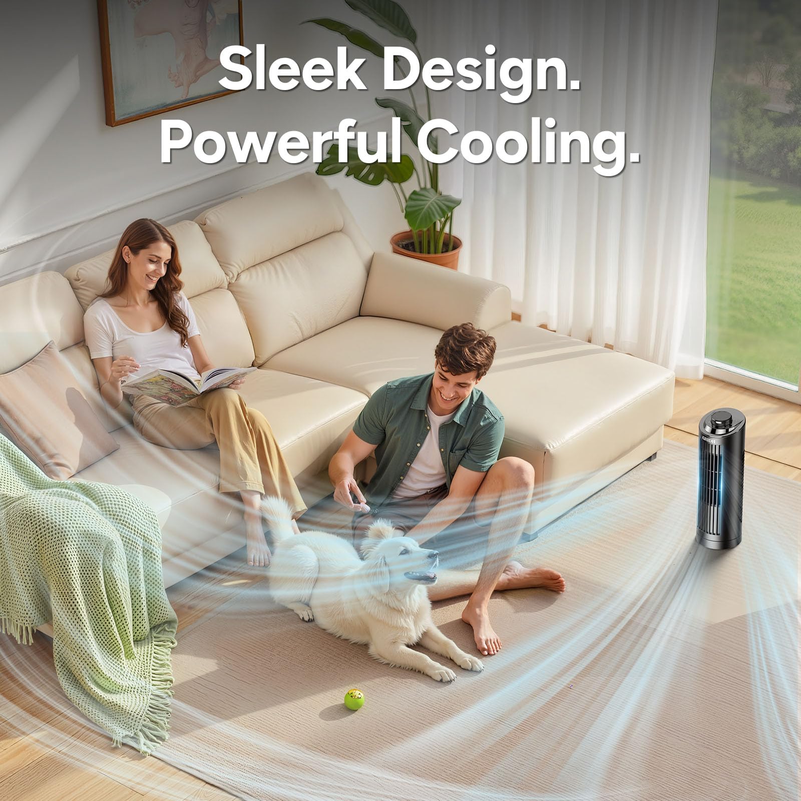 Tower Fan Bladeless with 3 Speeds, 4 Mode [AI, Normal, Natural, Sleep], Table Fan 80° Oscillation, Touch Screen + Remote Control, 12H Timer, 13