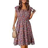 Dokotoo Womens Summer Dresses 2025 Boho Floral Ruffle Sleeve Smocked Elastic Waist Drawstring Tie Casual Mini Dress Sundress