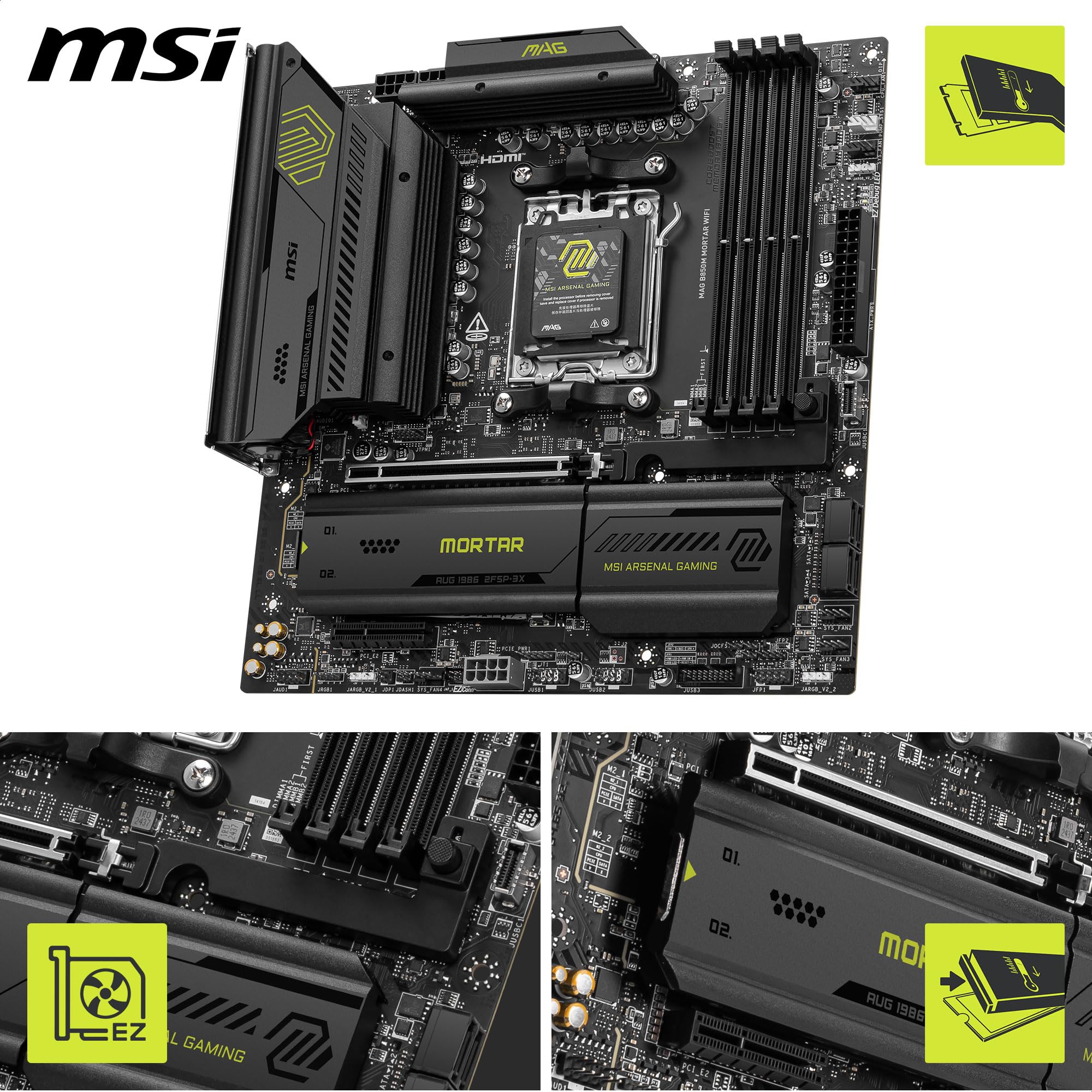 MSI MAG B850M Mortar WiFi Motherboard, mATX - Supports AMD Ryzen 9000/8000 / 7000 Processors, AM5-60A SPS VRM, DDR5 Memory Boost 8200+ MT/s (OC), PCIe 5.0 x16, M.2 Gen5, Wi-Fi 7, 5G LAN