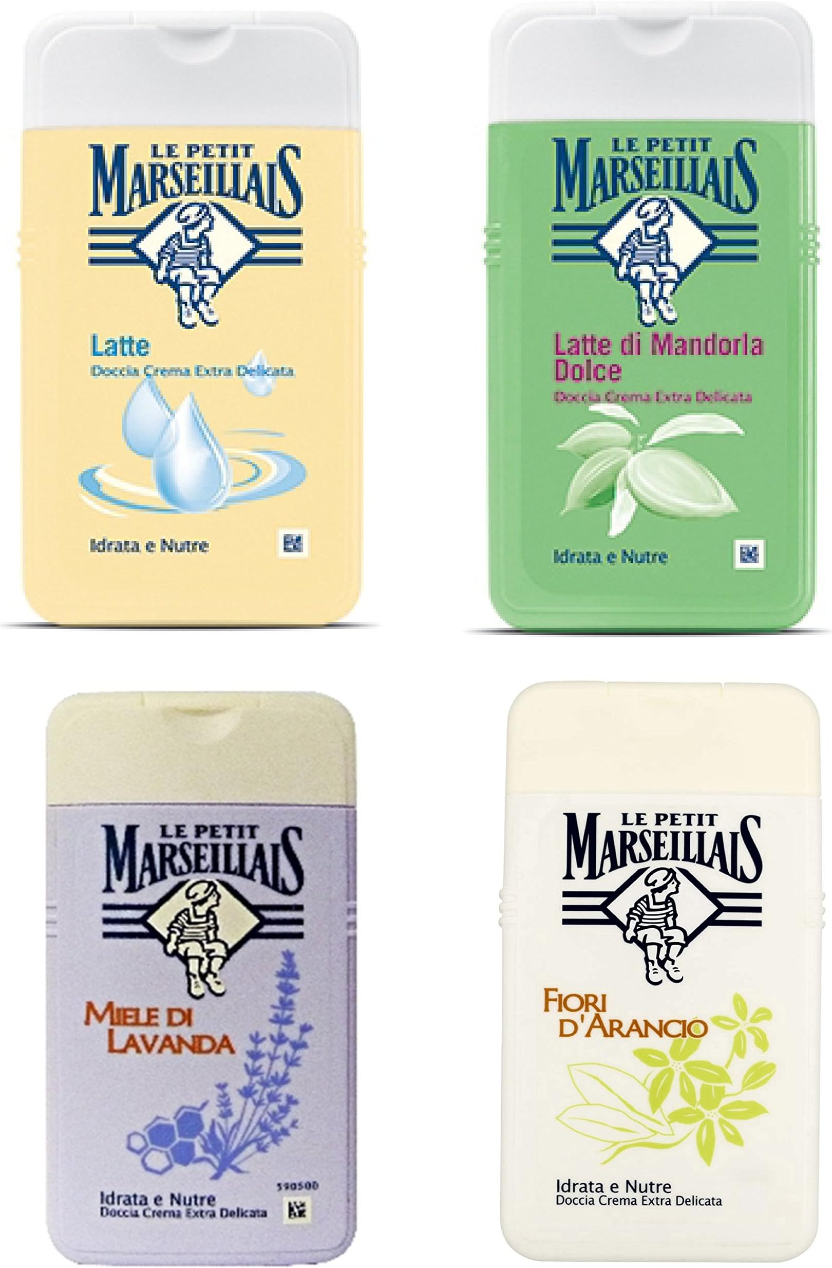 Le Petit Marseiliais: Set of 4 Shower Creams (Lavender Honey, Milk, Orange Blossom, Sweet Almond Milk) 8.45 Fluid Ounce (250mL) Bottles (Pack of 1 Each) [ Italian Import ]