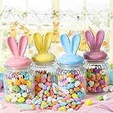 Shitailu Easter Bunny Glass Jar Decorations- Glass Jars with Ceramic Bunny Ear Lid and Airtight -4 PcsEaster Glass Storage for Chocolate Candy Sweets Gift Mini Eggs Table Decoration（include Eggs）