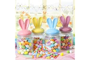 SHITAILU Easter Decorations- Glass Jars with Ceramic Bunny Ear Lid and Airtight -4 PcsEaster Glass Storage for Chocolate Candy Sweets Gift Mini Eggs Table Decoration（include Eggs）