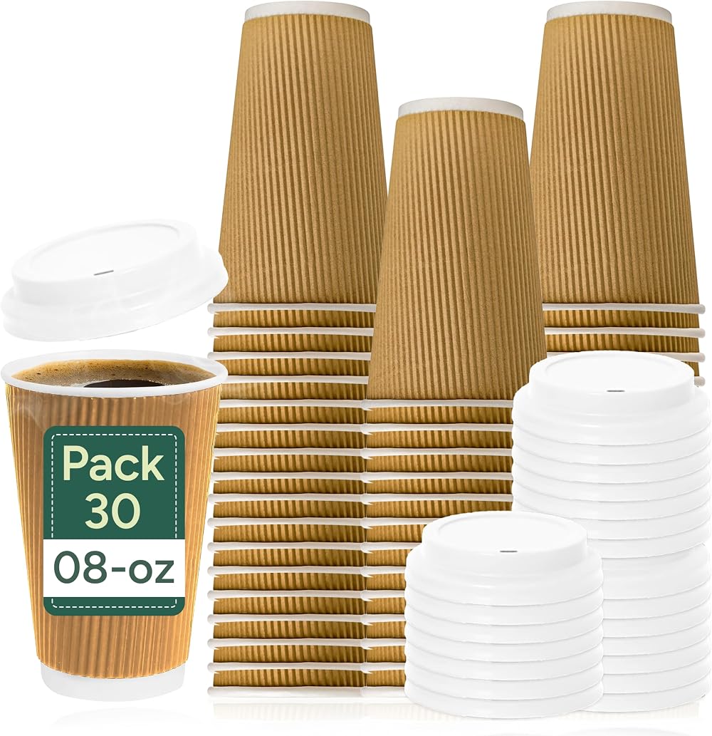 Zuvo 8oz Ripple Disposable Cups with Lids 30 Pack – Leak-Proof, Triple Wall