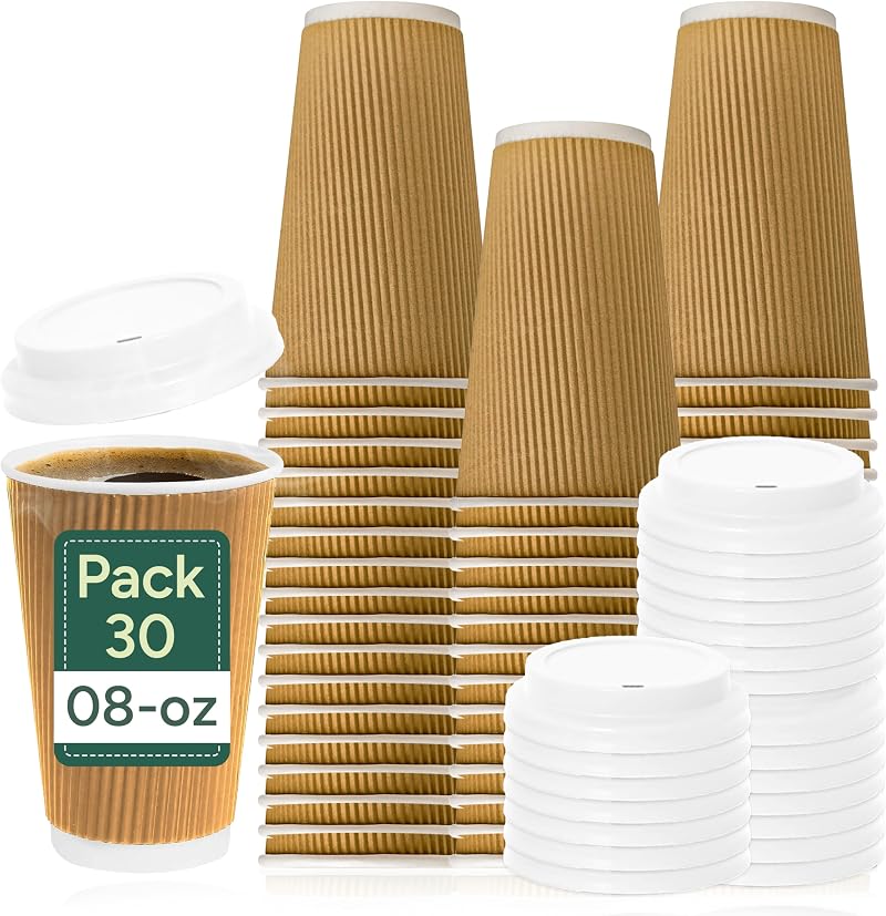 Zuvo 8oz Ripple Disposable Cups with Lids 30 Pack – Leak-Proof, Triple Wall