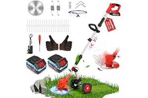 LEMOLIFYS Electric Weed Wacker Cordless with Wheels, Weed Eater Battery Powered 2000mAh 21V, 3 in 1 Lightweight Grass Trimmer String Trimmer Brush Cutter Mower, Stringless Weed Trimmer Edger W/Blade 2 Battery