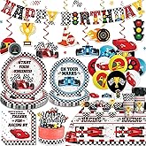 189pcs Race Car Birthday Party Decorations Include Race Car Plates and Napkins Set, Banner, Hanging, Tablecloth, Balloon, Cupcake Topper, for Boys Birthday Party and Race Car Themed Party, Serve 25