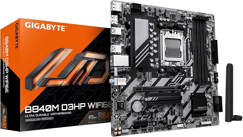 Motherboard GIGABYTE B840M D3HP WIFI6E – CPUs AMD Ryzen 9000, VRM de 8+2+2 fases, até 8200 MHz DDR5 (O.C.), 2× M.2 PCIe 4.0, Wi-Fi 6E, 1 GbE LAN, USB 3.2 Gen 2