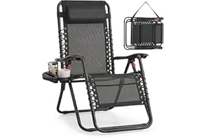 SONGMICS Zero Gravity Chairs, Folding Sun Loungers with Tray, Adjustable Headrest, for Patio, Garden, Max. Load 110 kg, Black