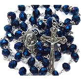 Nazareth Store Deep Blue Crystal Beads Rosary Catholic Necklace Holy Soil Medal Cross Crucifix Velvet Bag
