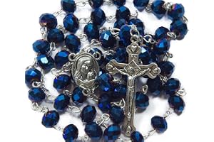Nazareth Store Deep Blue Crystal Beads Rosary Catholic Necklace Holy Soil Medal Cross Crucifix Velvet Bag