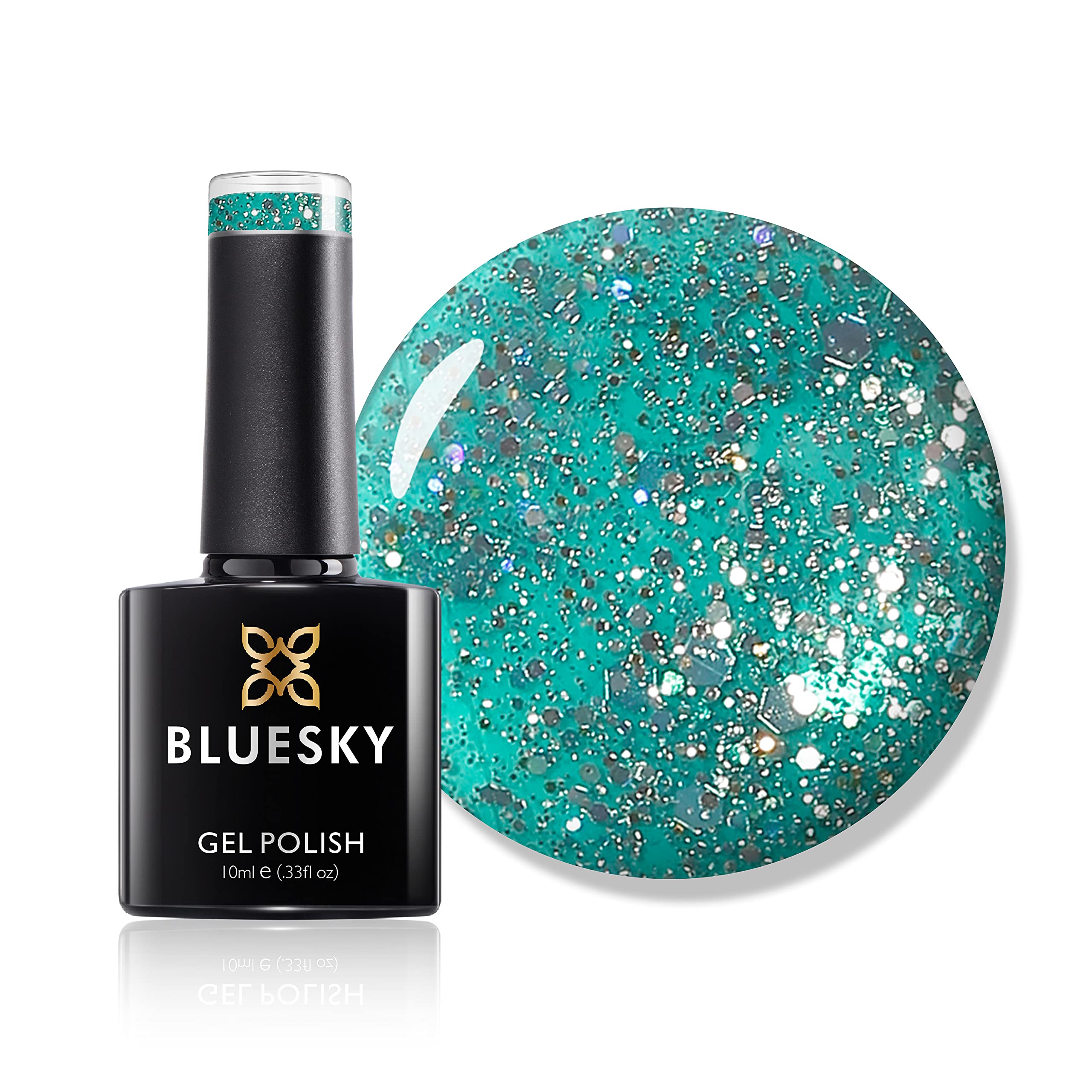 Bluesky Gel Nail Polish, Teal Blue Green Blz10, Blue, Chunky Glitter, Dark, Teal, Long Lasting, Chip Resistant, 10 ml (Requires Drying Under UV LED Lamp)