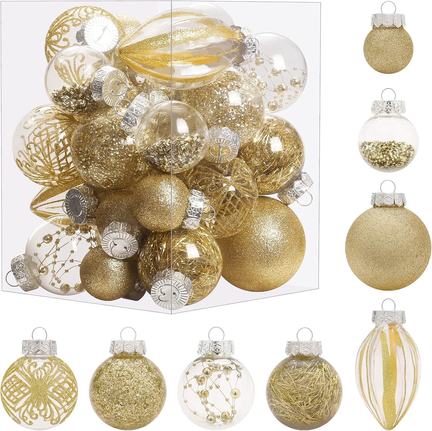 Ornaments - MoonXmas Christmas Ornaments Set, 32Pcs Clear Plastic Shatterproof Christmas Ball Hanging Ornaments for Xmas Tree Decorations, for Indoor Home Thanksgiving Party Holiday Decor - Gold.