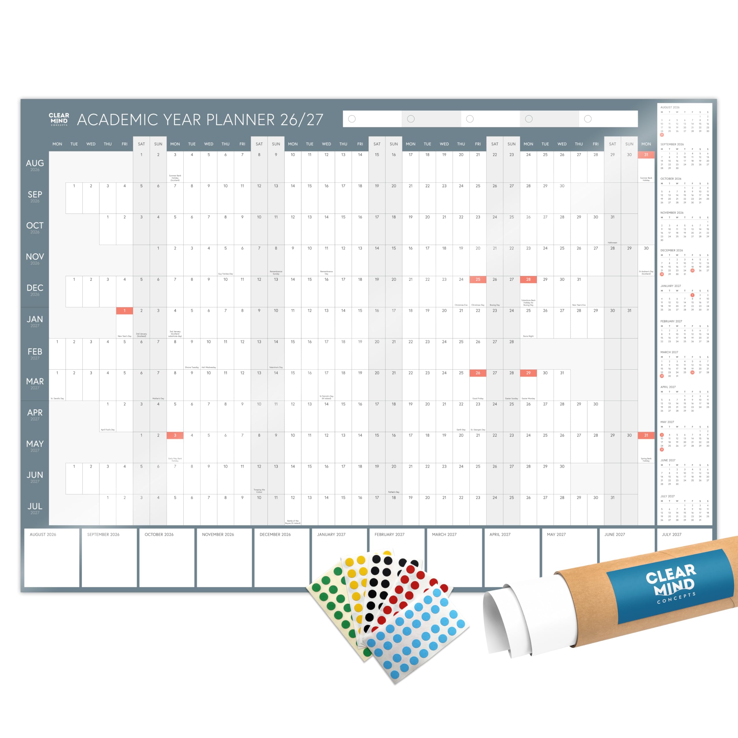 Clear Mind Concepts® A1 Academic Wall Planner 2026-2027 Laminated (59.4 x 84.1 cm) Academic Year Calendar Aug-Jul UK Student Study Planner with Sticky Dots