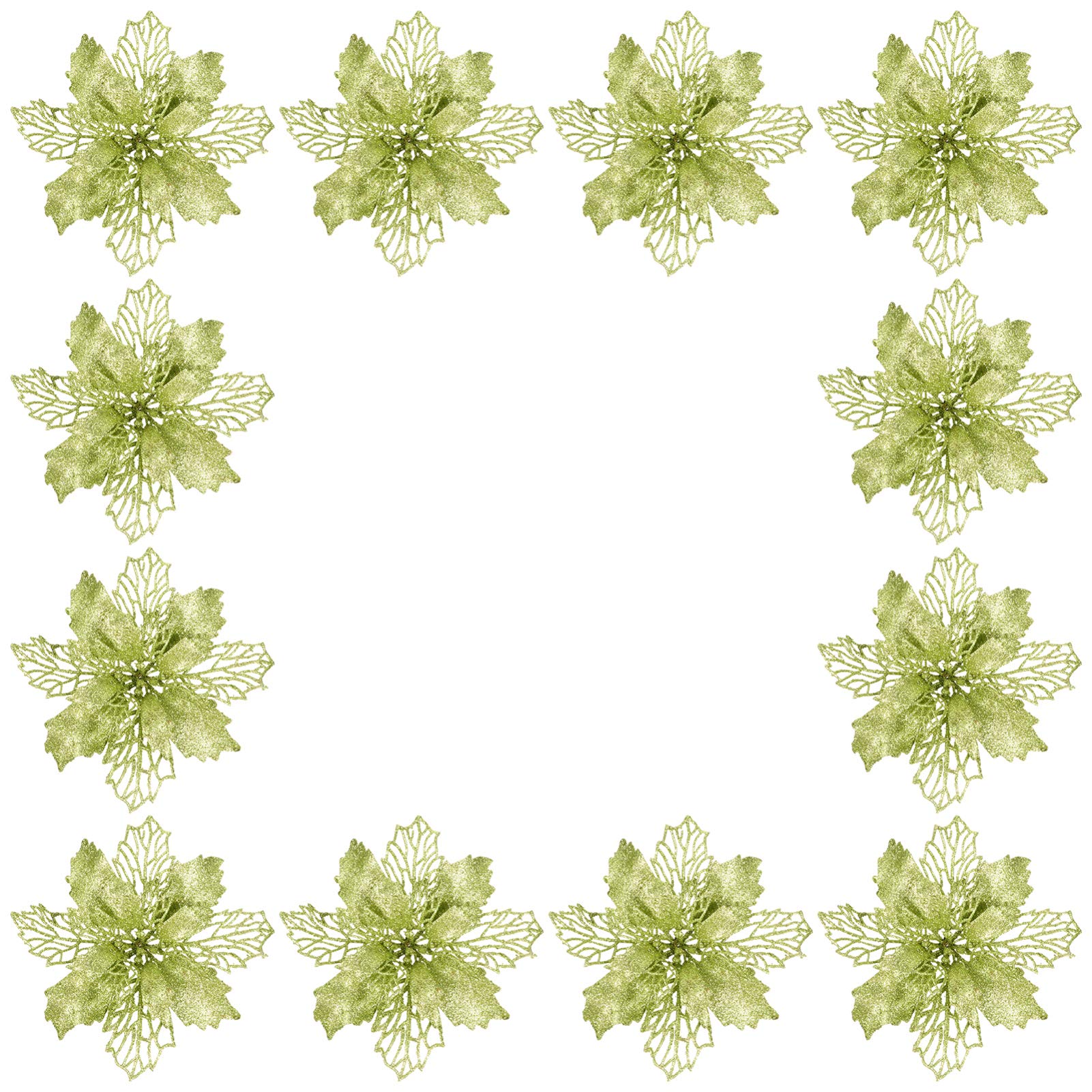 NUOBESTY 12pcs Glitter Poinsettia Green Artificial Christmas Flower Hollow Simulation Flower Tree Decoration Xmas Holiday Party Wreath Garland Bunting Decorations