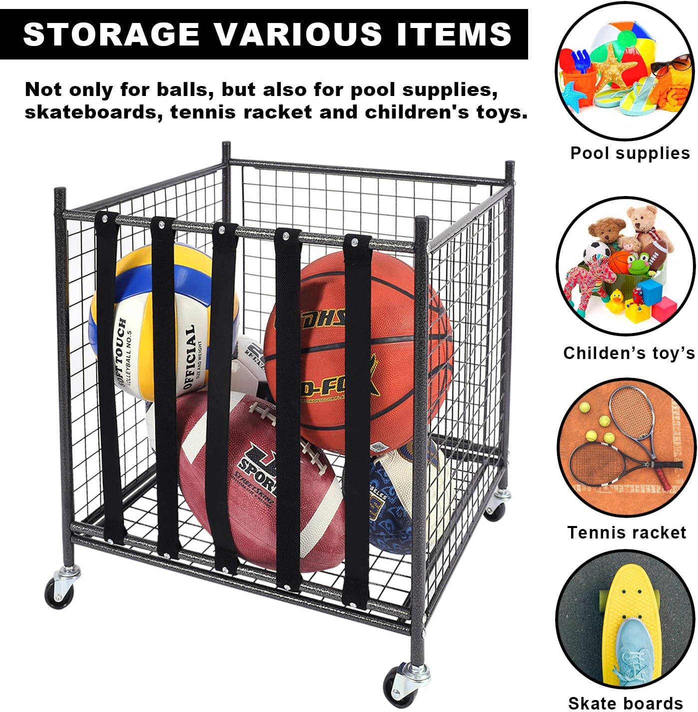 Mythinglogic Rolling Sports Ball Storage Cart, Sports Lockable Ball Storage Locker with Elastic Straps, Stackable Ball Cage for Garage Storage Garage Organizer, 6 Ball Capacity Full Size, Black,Steel: Sports & Outdoors
