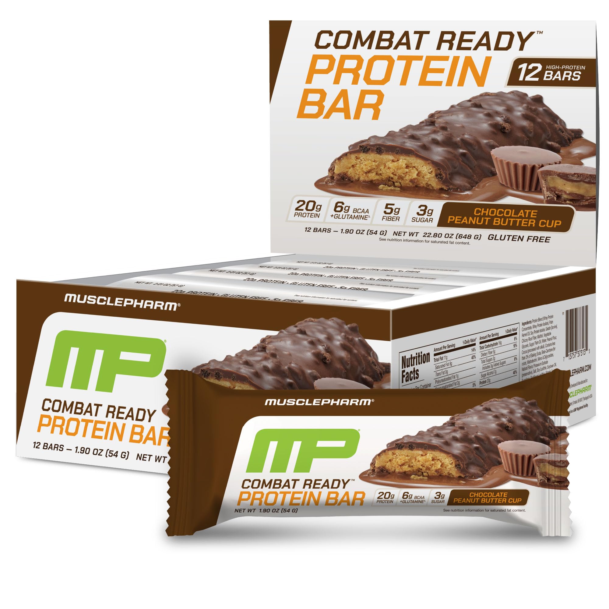 MusclePharm Combat Sport Bar, Chocolate Peanut Butter Cup, High Protein Bars, Combat Cravings, Fuel Performance & Meet Energy Demands, 20g Protein from Whey Protein, 5g Fiber, Gluten Free, 12 Bars