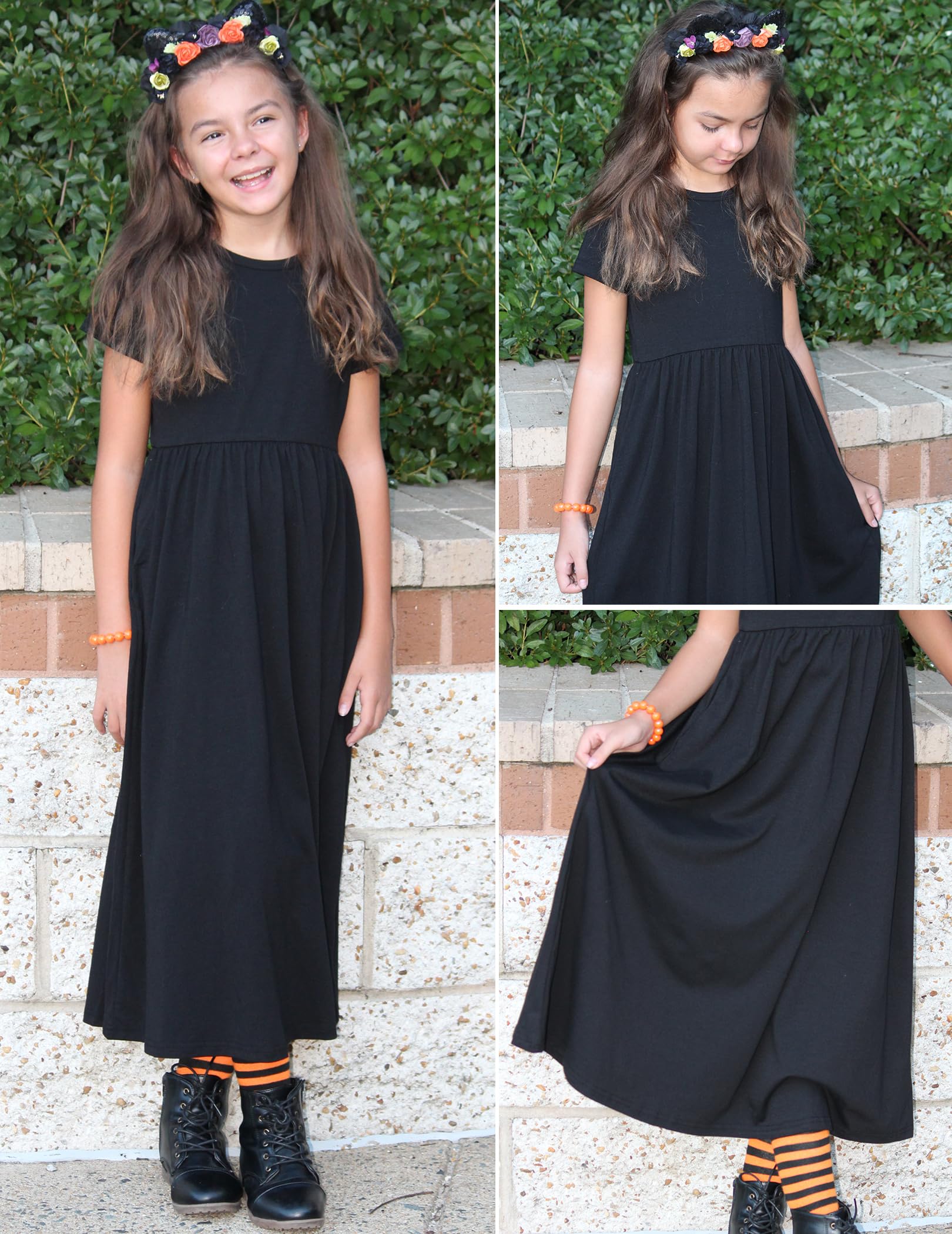 Arshiner Girls Maxi Dress Long/Short Sleeve Casual Holiday Dress with Pockets for 5-13 Years