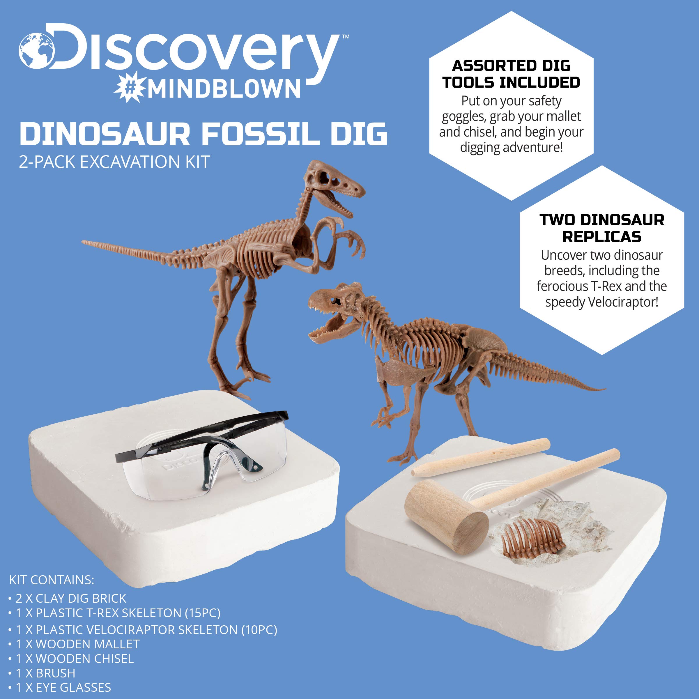 Discovery™ Dinosaur Fossil Dig Kit – Excavate & Assemble T-Rex & Velociraptor Skeletons| 3D Dino Bones Puzzles| Jurassic Paleontology Toy for Kids| STEM Science Activity Set| Girls & Boys Gift Ages 6+