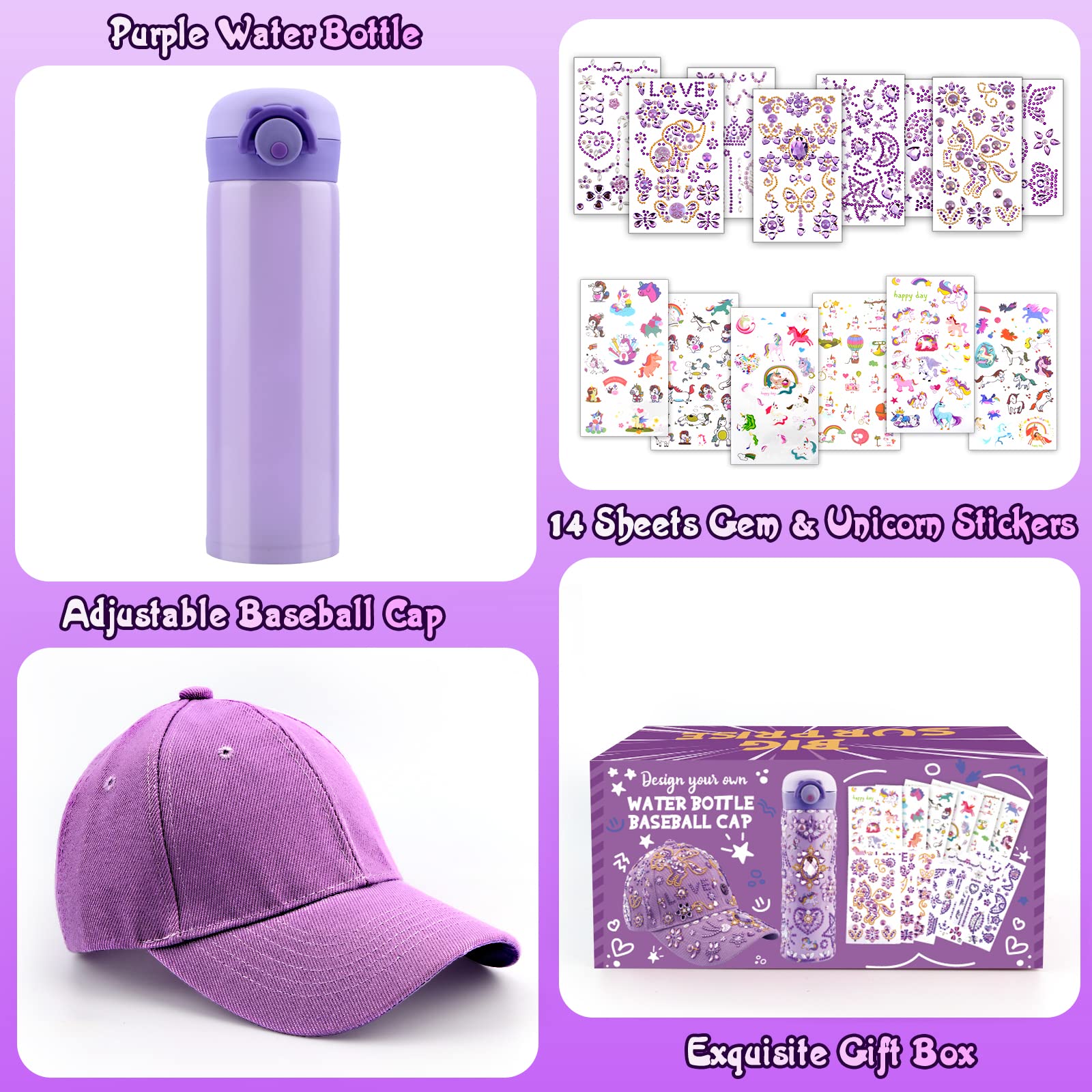 Coosilion Gifts for Kids 4 5 6 7 8 9 10 12 Years Old-Decorate Your Own Water Bottle Baseball Cap with Cute Stickers, Birthday Gifts for Girls, DIY Arts & Crafts, School Supplies for Girls