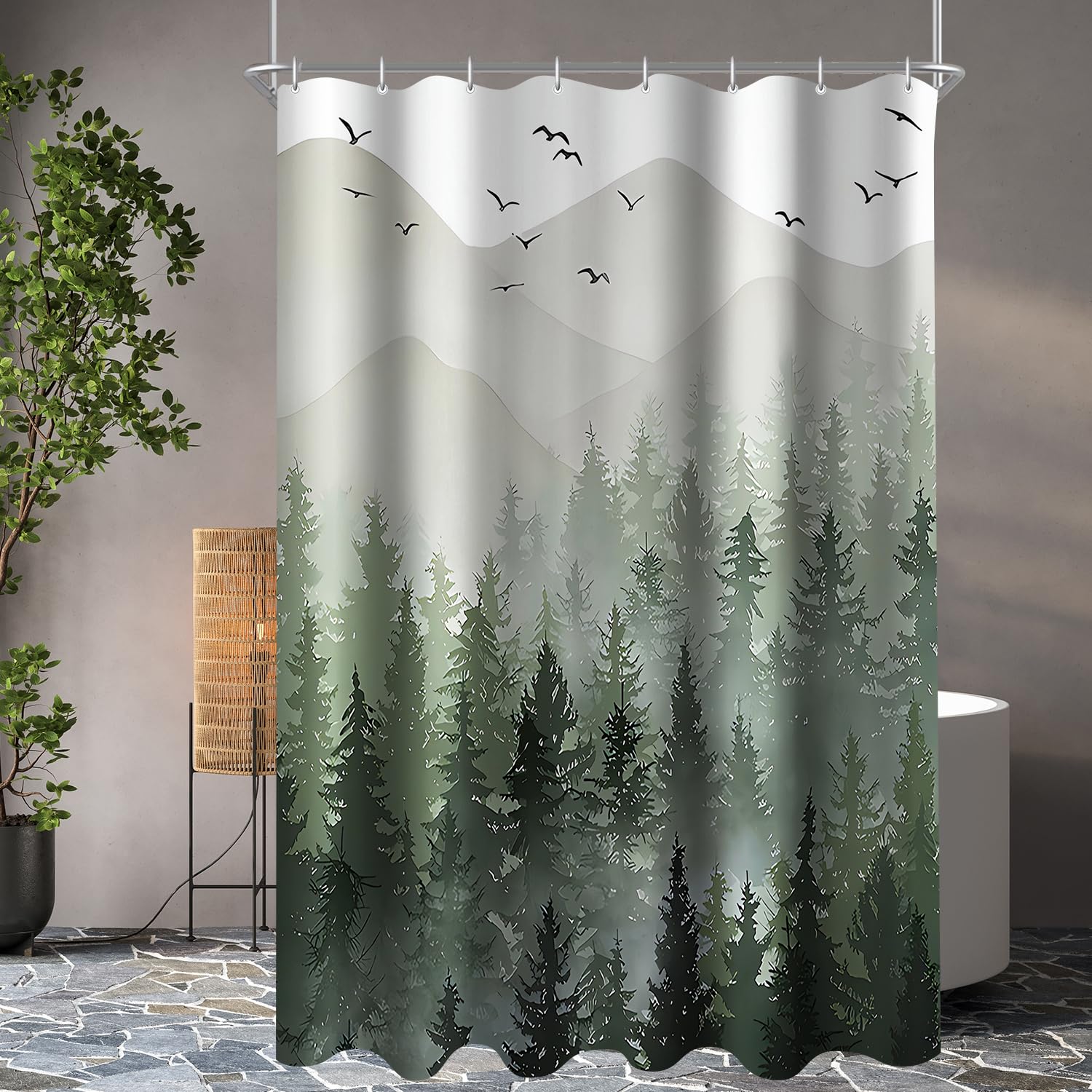Lerores Shower Curtain 150 x 180 cm, Forest Anti-Mould Textile, Weighted Hem, Water-Repellent, Washable Polyester Fabric Bath Curtains with 8 Eyelets and Shower Curtain Rings for Bathroom, Bathtub