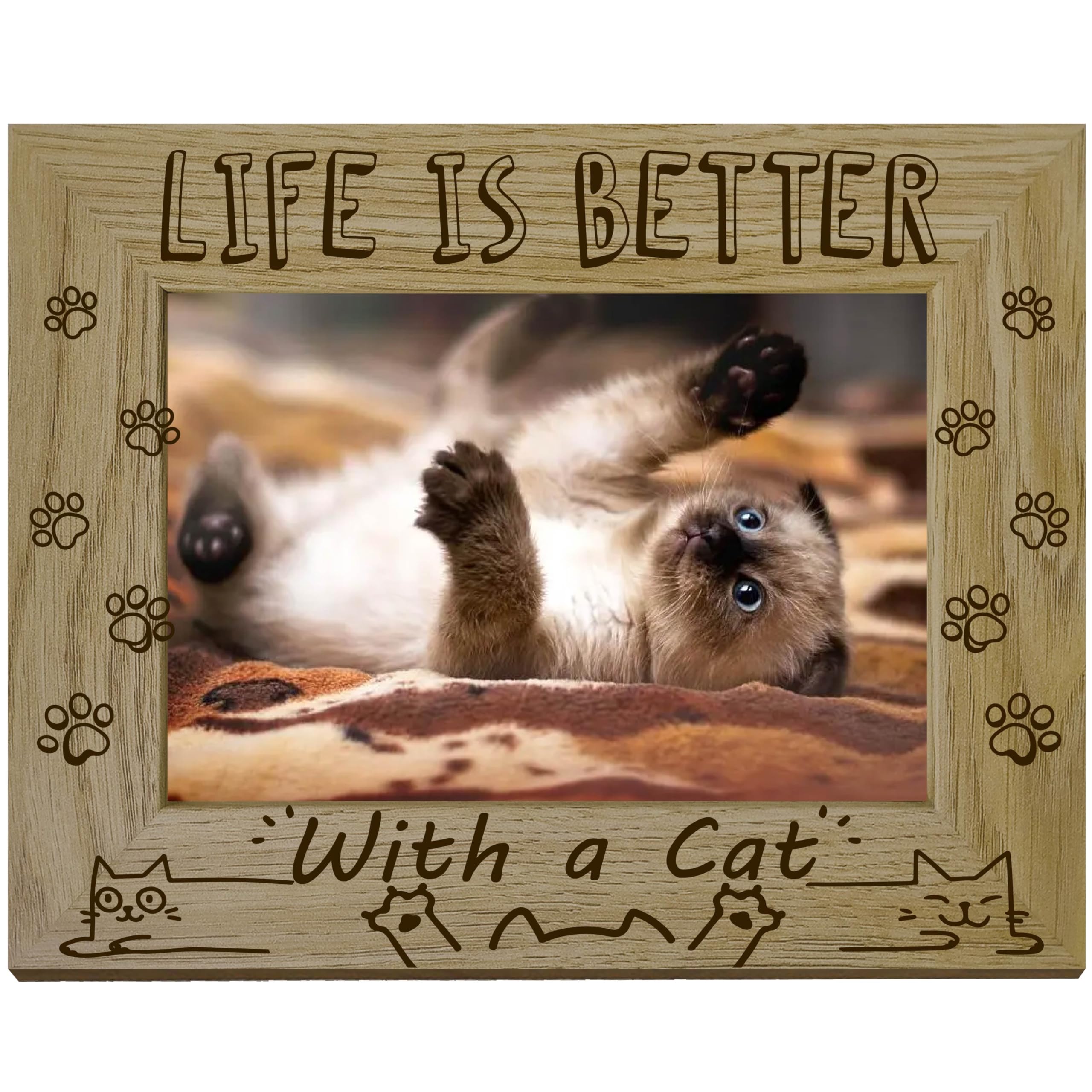 CREATCABIN Cat Picture Frame Pet Paws Wood Photo Frames Engraved Display Wooden Tabletop Gifts for Hanging Wall Gallery Christmas Memorial Home Desk Decor 4x6Inch-Life is Better with a Cat