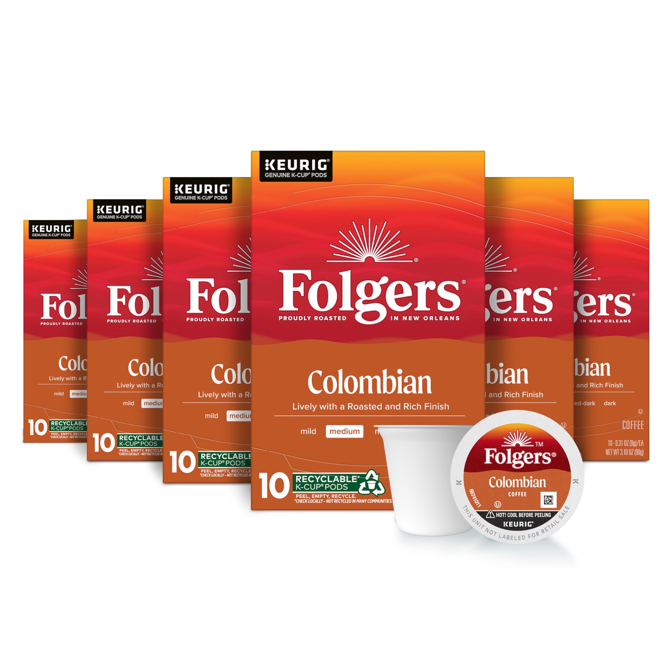 Folgers Colombian Coffee, Medium Roast, Keurig K-Cup Pods, 10 Count Box (Pack of 6) Image