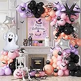 Jobkoo Halloween Balloon Garland Arch Kit, Black Purple Pink Halloween Baby Shower Latex Balloons with 3D Bat Ghost Witch Mylar Foil Balloons Set for Happy Halloween Birthday Decoration Indoor Outdoor